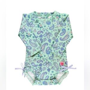 Rufflebutts Sea Glass Paisley Long Sleeve One Piece Rash Guard + MATCHING BOW!